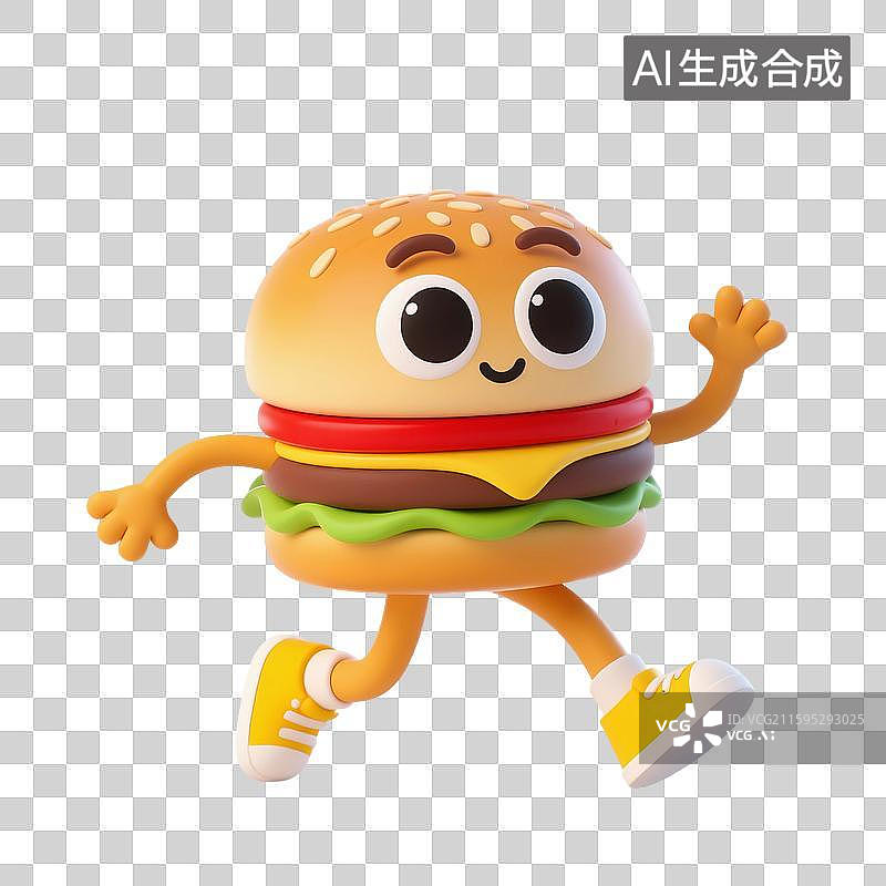 【AI数字艺术】3D渲染，一个汉堡，芝士汉堡，卡通拟人汉堡包，卡通快餐美食免抠元素图片素材