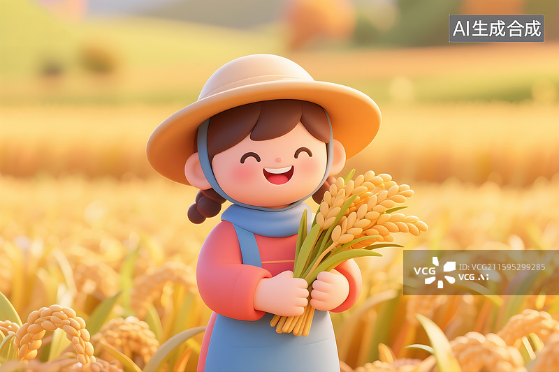【AI数字艺术】3D三维立体C4D秋天农业农民丰收抱着麦穗稻穗麦子大麦小麦图片素材