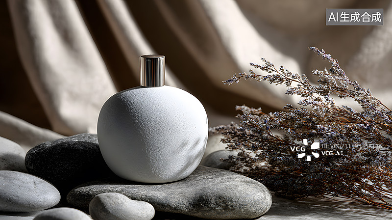 【AI数字艺术】白色磨砂瓶与干花石块静物组合图片素材