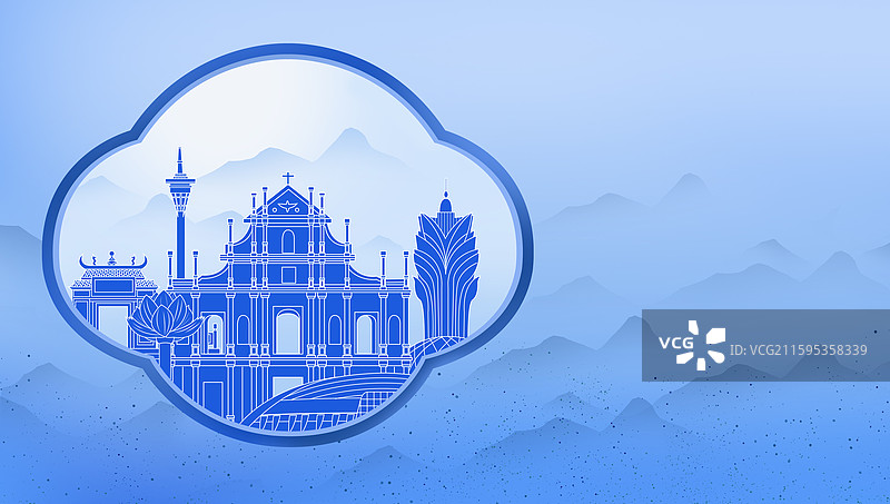 澳门蓝色青花瓷古典山水画淡雅山峰窗户景观城市图片素材