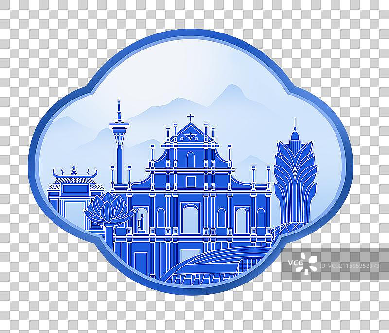 澳门蓝色青花瓷古典山水画淡雅山峰窗户图片素材