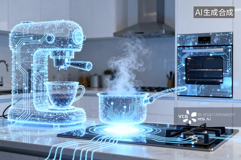 【AI数字艺术】智能厨房电器的数字电路图案图片素材