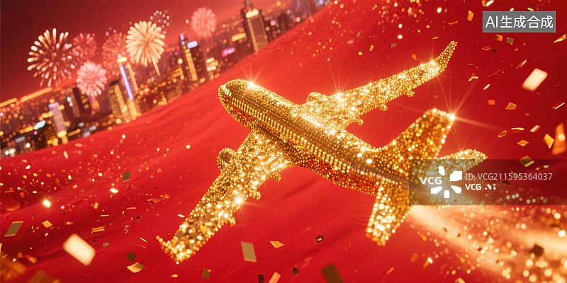 【AI数字艺术】飞机抽象金色粒子光斑璀璨闪耀城市建筑烟花喜庆热闹庆祝新年春节国庆节中秋节春运返乡回家复工航空公司广告图片素材