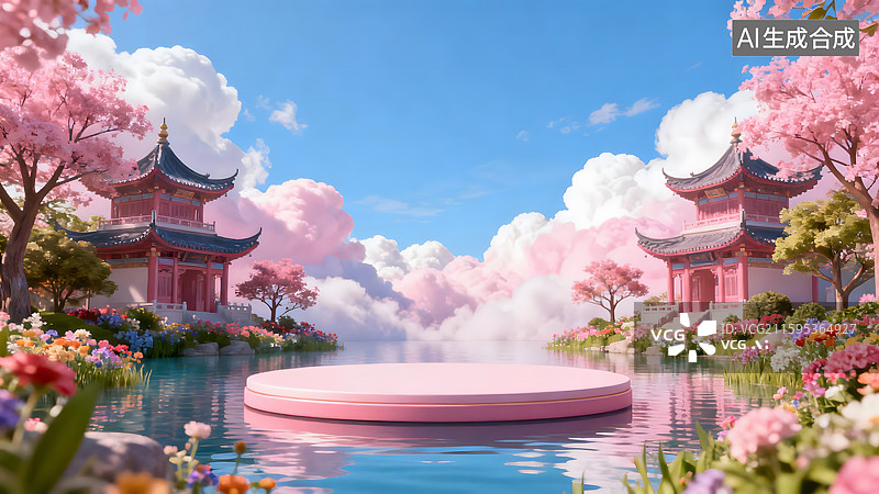 【AI数字艺术】春日樱花园林产品展台建模背景图片素材