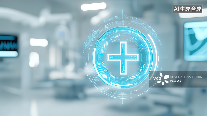 【AI数字艺术】医院医疗设备背景下的发光医疗红十字图标图片素材