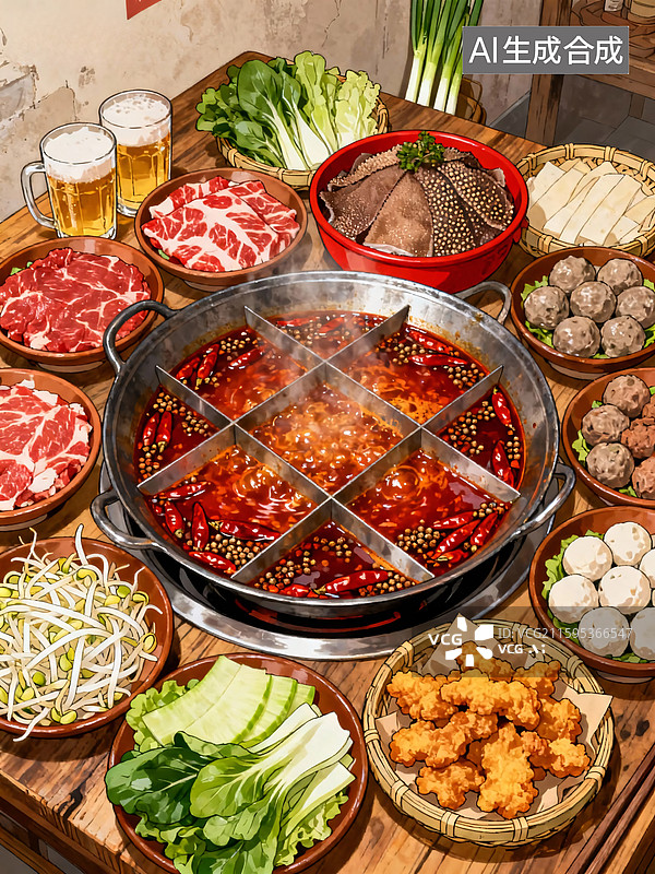 【AI数字艺术】麻辣鲜香九宫格火锅聚餐图片素材