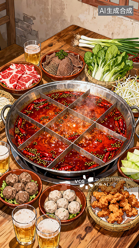 【AI数字艺术】麻辣鲜香九宫格火锅聚餐图片素材