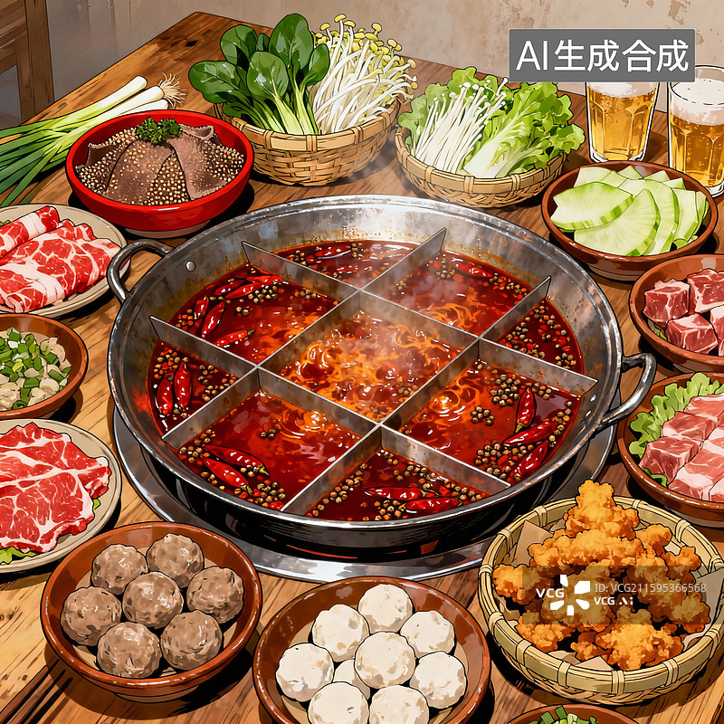 【AI数字艺术】麻辣鲜香九宫格火锅聚餐图片素材