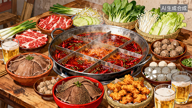 【AI数字艺术】麻辣鲜香九宫格火锅聚餐图片素材