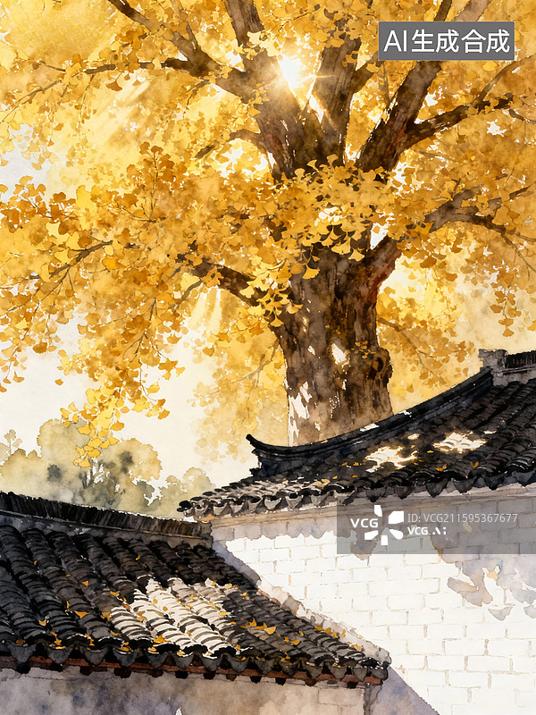 【AI数字艺术】金黄银杏与黛瓦白墙图片素材