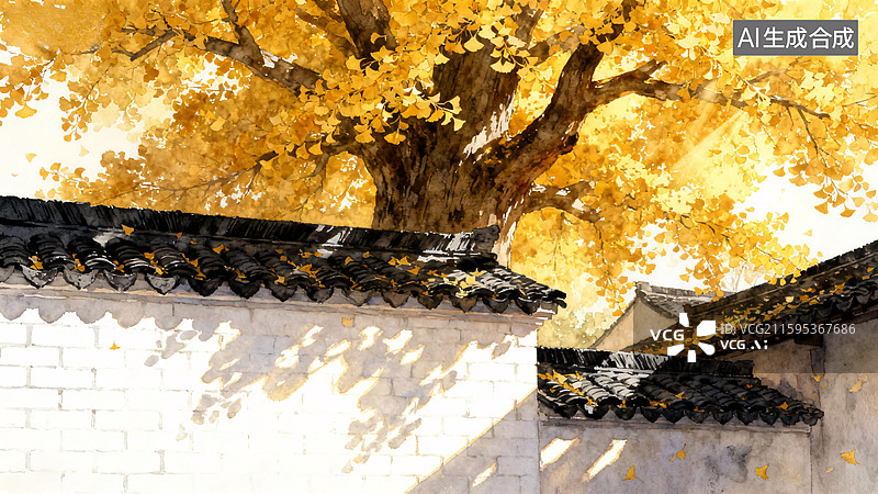 【AI数字艺术】金黄银杏与黛瓦白墙图片素材