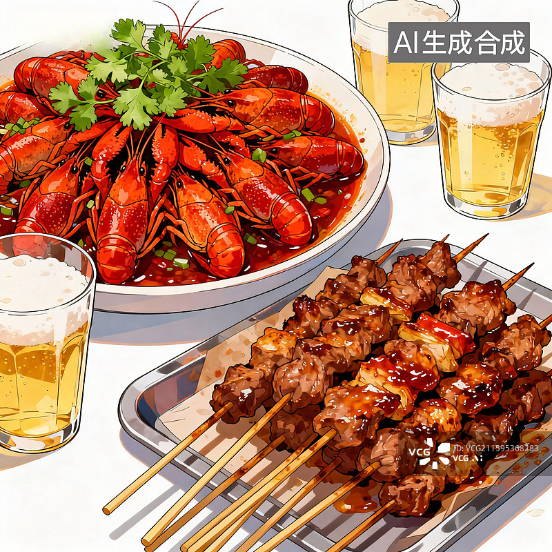 【AI数字艺术】小龙虾啤酒烧烤图片素材