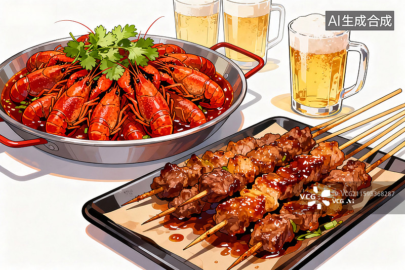 【AI数字艺术】小龙虾啤酒烧烤图片素材