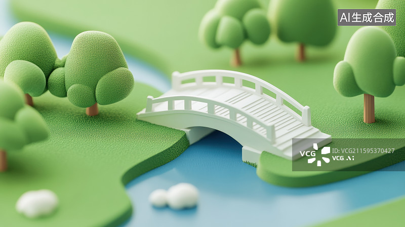 【AI数字艺术】3D春天草坪绿树拱桥户外风景图片素材