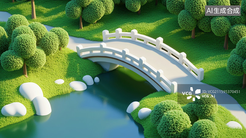 【AI数字艺术】3D春天草坪绿树拱桥户外风景图片素材