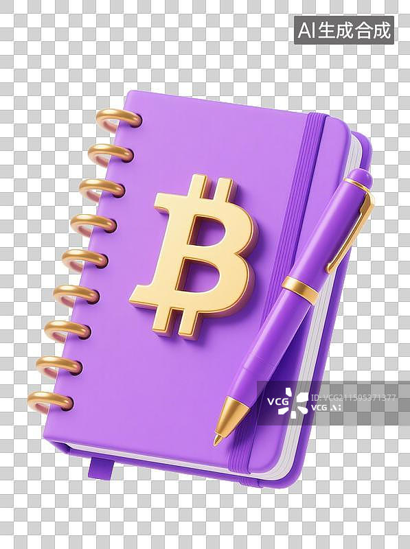 【AI数字艺术】3D三维紫色书比特币圆珠笔元素图片素材
