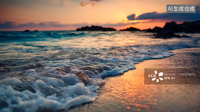 【AI数字艺术】夕阳下的海滩图片素材