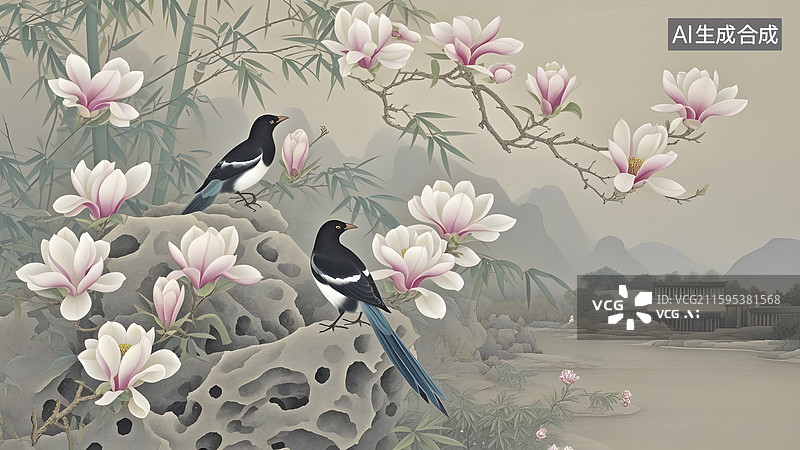 【AI数字艺术】喜鹊玉兰工笔画图片素材