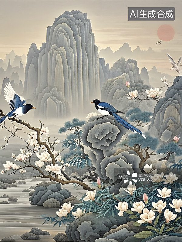 【AI数字艺术】喜鹊玉兰工笔画图片素材