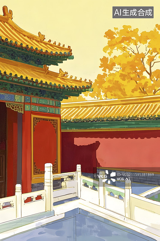 【AI数字艺术】秋天的中国宫殿建筑风景彩绘图片素材