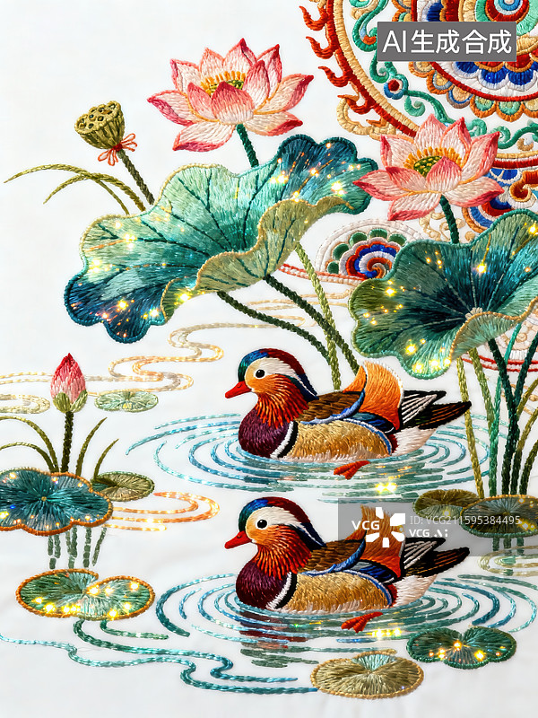 【AI数字艺术】鸳鸯戏水荷花图图片素材