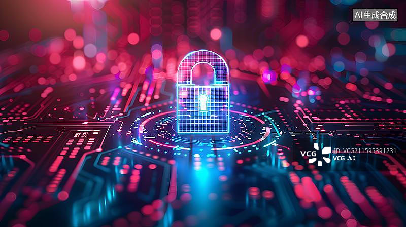【AI数字艺术】电路板上的数字安全锁 科技感网络安全防护概念  网络安全锁科技抽象概念互联网数据加密插图图片素材