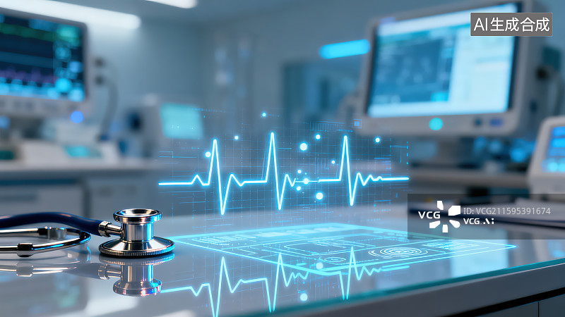 【AI数字艺术】医疗器械背景下的发光心电图图标，健康保健医院医疗概念图片素材