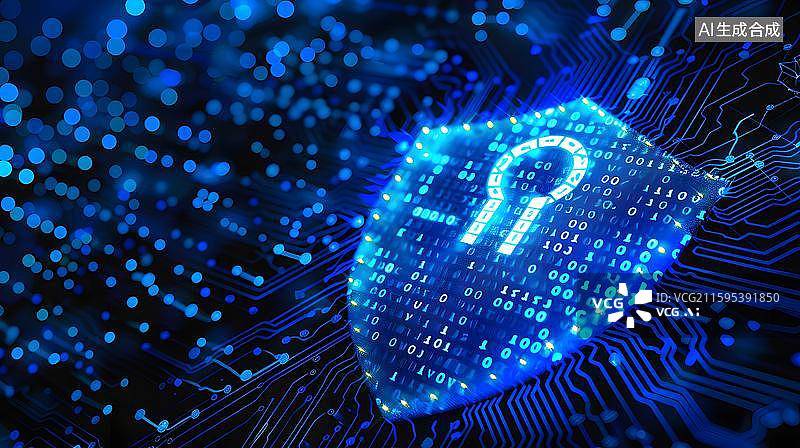【AI数字艺术】数字盾牌与二进制代码 网络安全防护科技背景  网络安全科技场景：蓝色数据背景下，盾牌与锁呈现信息保护图片素材