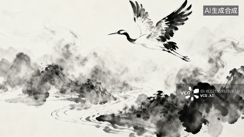 【AI数字艺术】正在飞翔的丹顶鹤，中国传统文化水墨画背景图片素材