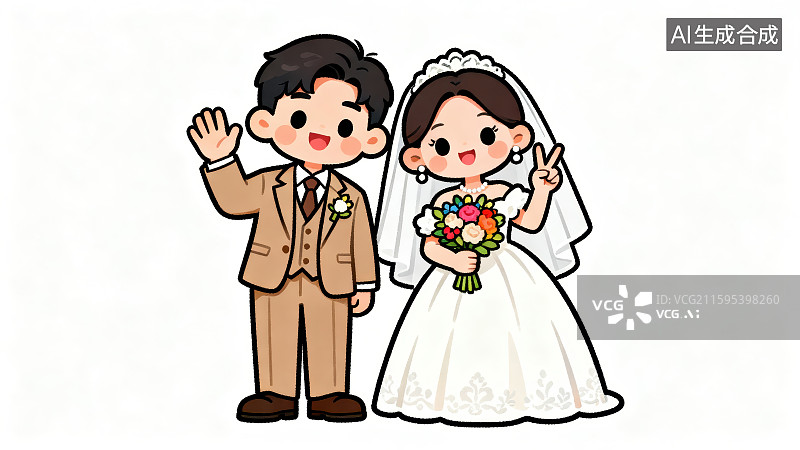 【AI数字艺术】纯色背景下的卡通情侣婚纱照图片素材