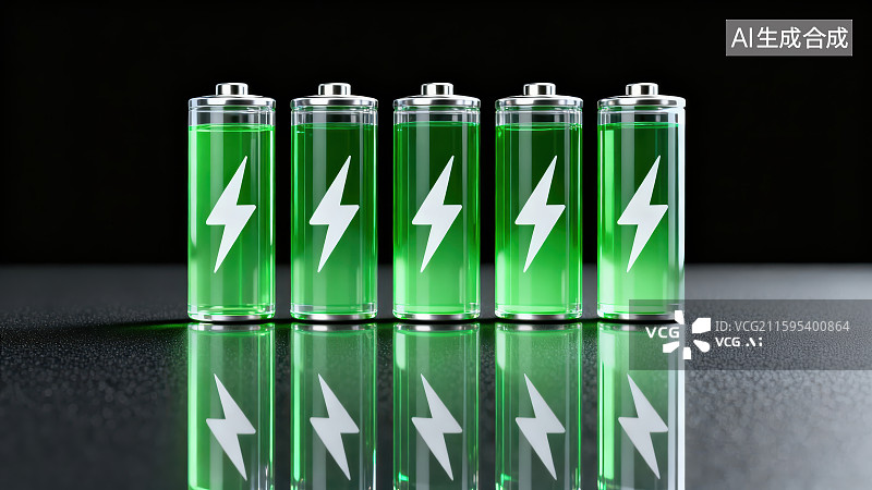 【AI数字艺术】黑色背景下整齐排列的五个透明电池上边有个发光的闪电符号与桌面形成反射倒影图片素材