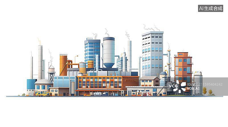 【AI数字艺术】现代化工业炼油厂 大型化工厂全景图  有大烟囱的现代工厂插画   工业生产 炼钢厂景象图片素材