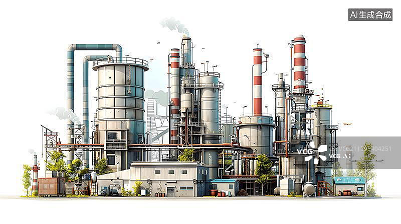 【AI数字艺术】现代化工业炼油厂 大型化工厂全景图  有大烟囱的现代工厂插画   工业生产 炼钢厂景象图片素材