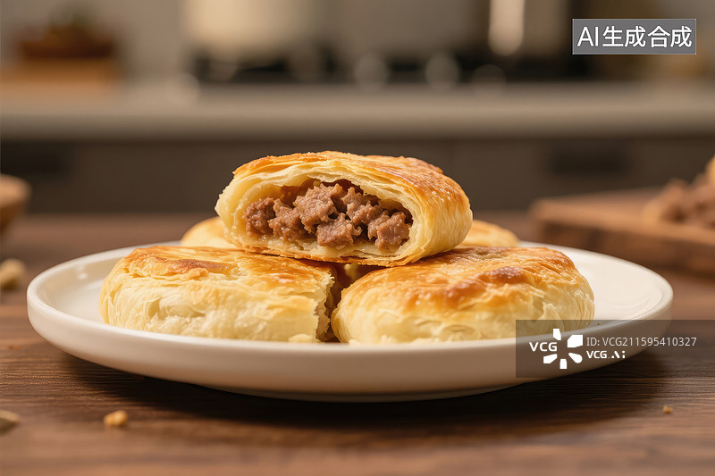 【AI数字艺术】美味肉馅酥饼放在白色盘子上图片素材