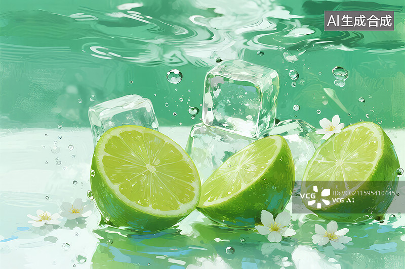 【AI数字艺术】水中青柠与冰块白花图片素材