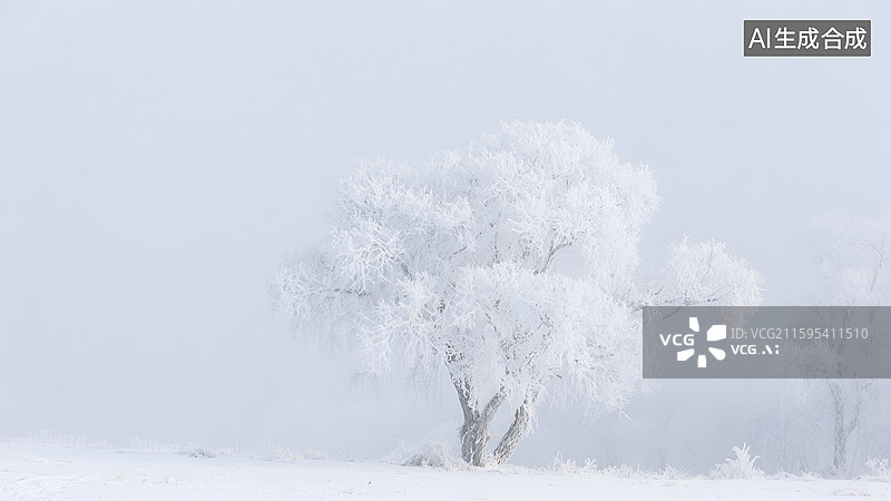 【AI数字艺术】雾凇覆盖的冬日孤树雪景图片素材