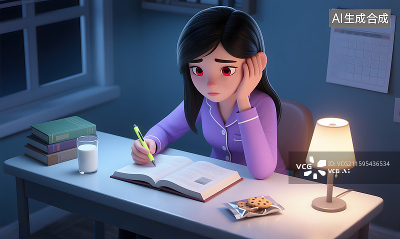 【AI数字艺术】医疗健康保健疲劳劳累加班熬夜压力3D卡通场景插画图片素材