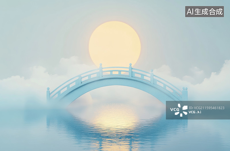【AI数字艺术】3D三维国风拱桥山峦圆月唯美场景图片素材