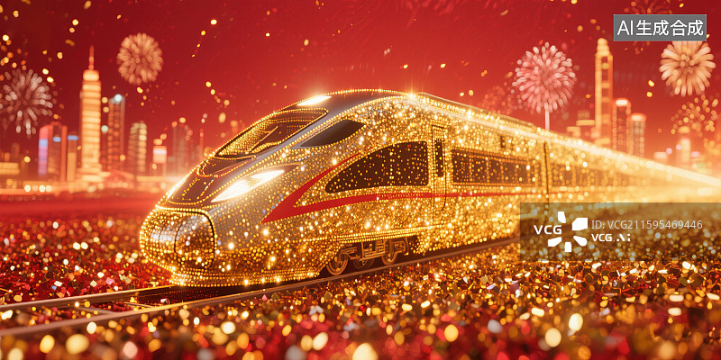 【AI数字艺术】高铁列车火车站铁路运输抽象粒子光斑璀璨闪耀烟花喜庆热闹新年春节国庆节中秋节劳动节放假春运返乡回家复工图片素材