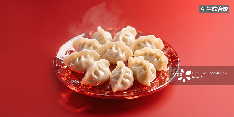 【AI数字艺术】一盘饺子中国传统节日节气美食小吃春节除夕小年冬至立冬晶莹剔透水晶虾饺蒸饺半透明红色玻璃盘子3D渲染风图片素材