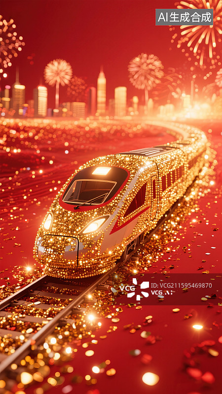 【AI数字艺术】高铁列车火车站铁路运输抽象粒子光斑璀璨闪耀烟花喜庆热闹新年春节国庆节中秋节劳动节放假春运返乡回家复工图片素材