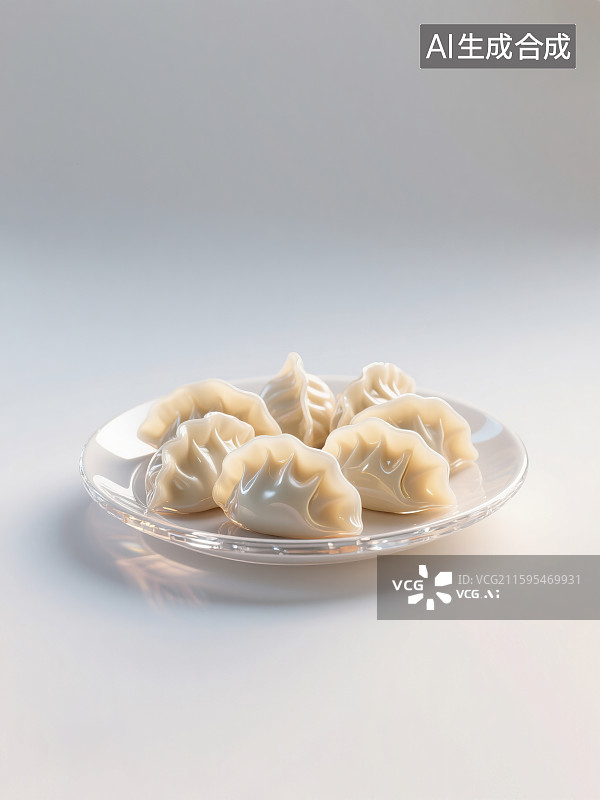 【AI数字艺术】一盘饺子白色瓷盘中国传统节日节气美食小吃春节除夕小年冬至立冬晶莹剔透水晶虾饺蒸饺3D三维立体渲染风格图片素材