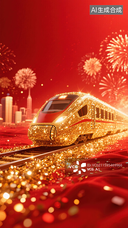 【AI数字艺术】高铁列车火车站铁路运输抽象粒子光斑璀璨闪耀烟花喜庆热闹新年春节国庆节中秋节劳动节放假春运返乡回家复工图片素材