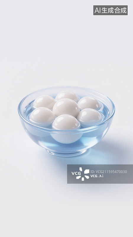 【AI数字艺术】元宵节冬至立冬节气美食汤圆元宵酒酿小圆子中国传统节日习俗小吃甜品透明玻璃碗白色背景3D三维渲染风格图片素材