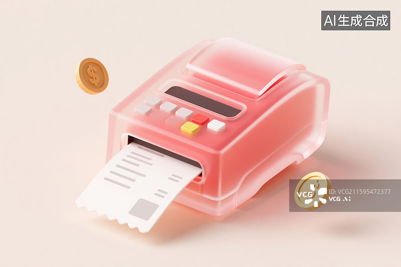 【AI数字艺术】粉色小票打印机与金币图片素材