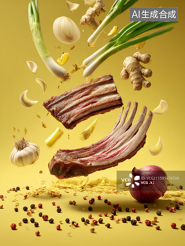 【AI数字艺术】新鲜羊排与多样调料飞扬图片素材