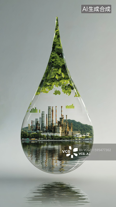 【AI数字艺术】一滴透明的水滴，中间工业建筑，工业用水，节约用水图片素材