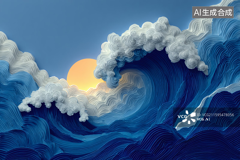 【AI数字艺术】蓝色的海浪与白色的浪花，一轮明月升起图片素材