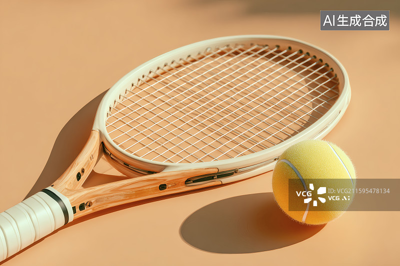 【AI数字艺术】阳光照射在桌面上的网球拍与网球，全民运动图片素材