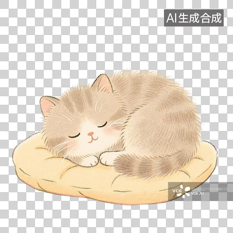 【AI数字艺术】治愈系手绘插画，在窝里睡觉的小猫，宠物用品，免抠元素图片素材